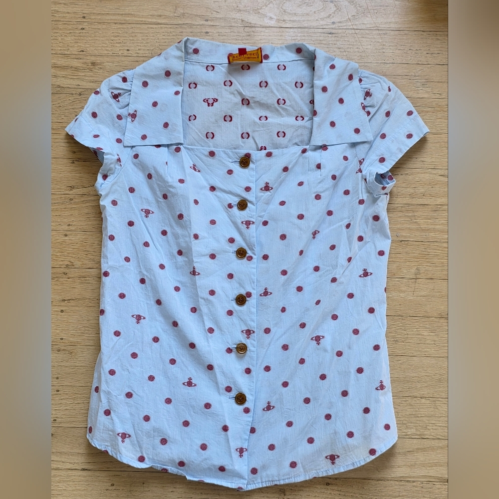 Vivenne Westwood Red Label Boatneck Blouse Blue With Red Orb Logo Print Size 2